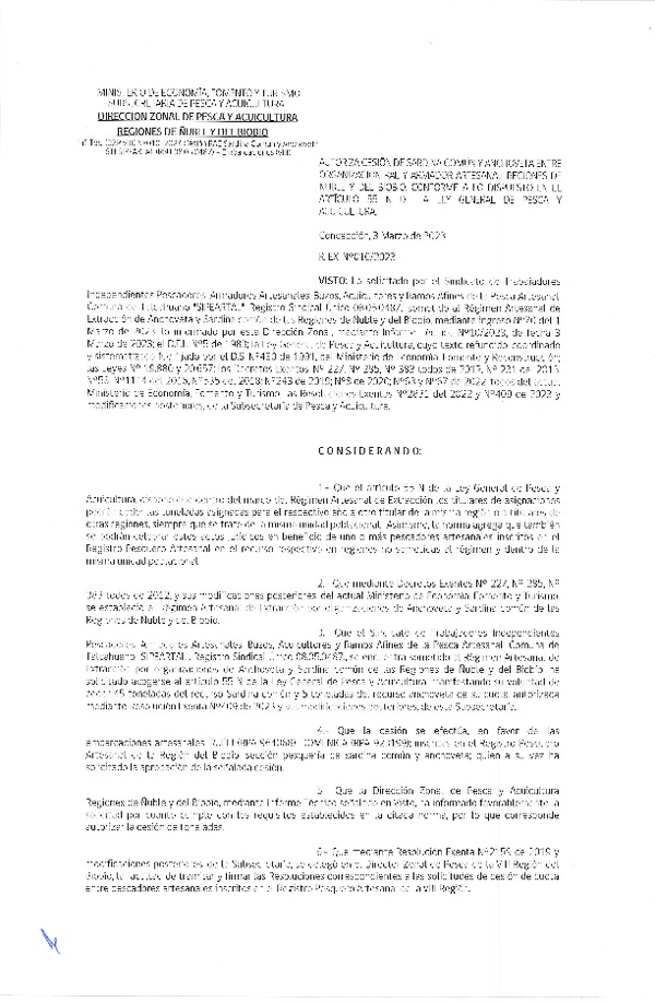 Res. Ex. N° 010-2023 (DZP Ñuble y del Biobío) Autoriza cesión Sardina común y Anchoveta. (Publicado en Página Web 03-03-2023)