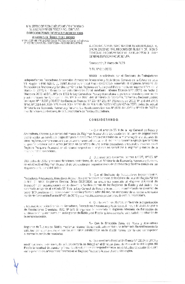 Res. Ex. N° 011-2023 (DZP Ñuble y del Biobío) Autoriza cesión Sardina común y Anchoveta. (Publicado en Página Web 03-03-2023)