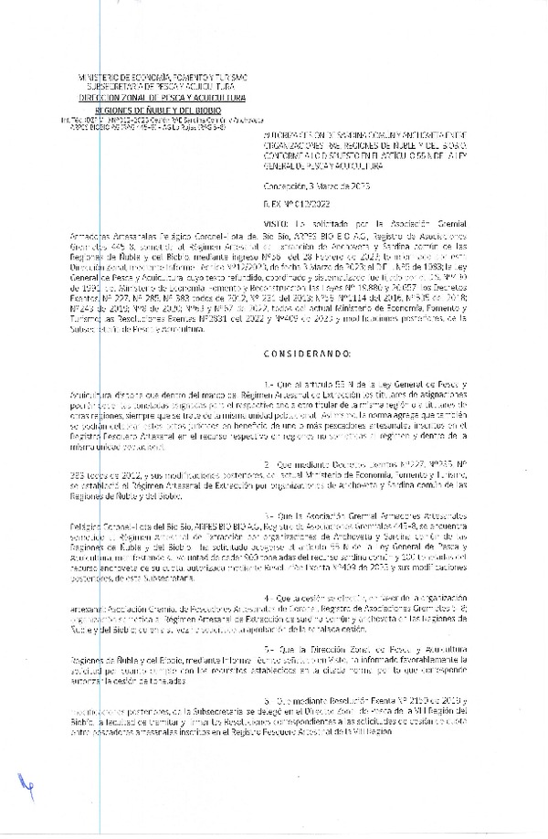 Res. Ex. N° 012-2023 (DZP Ñuble y del Biobío) Autoriza cesión Sardina común y Anchoveta. (Publicado en Página Web 06-03-2023)