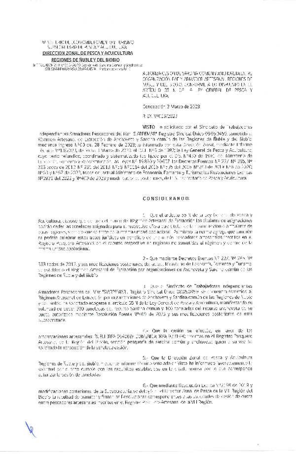 Res. Ex. N° 013-2023 (DZP Ñuble y del Biobío) Autoriza cesión Sardina común y Anchoveta. (Publicado en Página Web 06-03-2023)