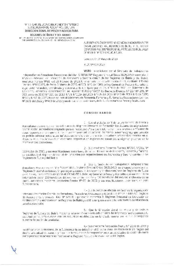 Res. Ex. N° 014-2023 (DZP Ñuble y del Biobío) Autoriza cesión Sardina común y Anchoveta. (Publicado en Página Web 06-03-2023)