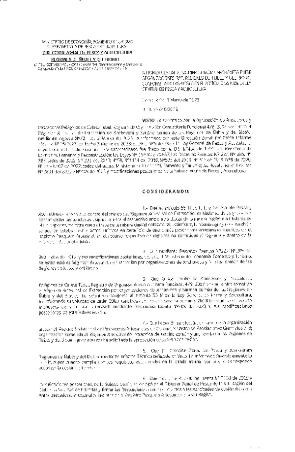 Res. Ex. N° 015-2023 (DZP Ñuble y del Biobío) Autoriza cesión Sardina común y Anchoveta. (Publicado en Página Web 06-03-2023)