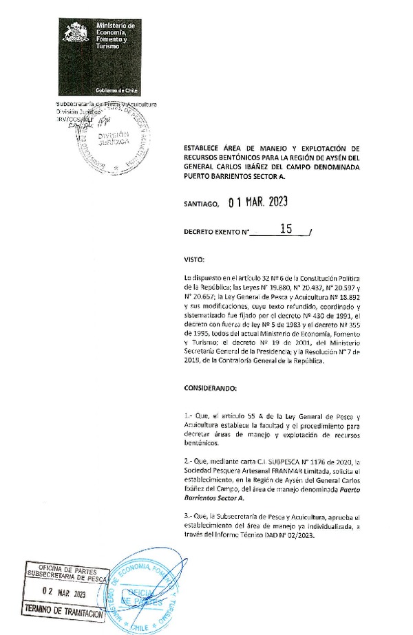 Dec. Ex. N° 15-2023 Establece Área de Manejo para la Región de Aysén del General Carlos Ibáñez del Campo Puerto Barrientos Sector A. (Publicado en Página Web 06-03-2023)