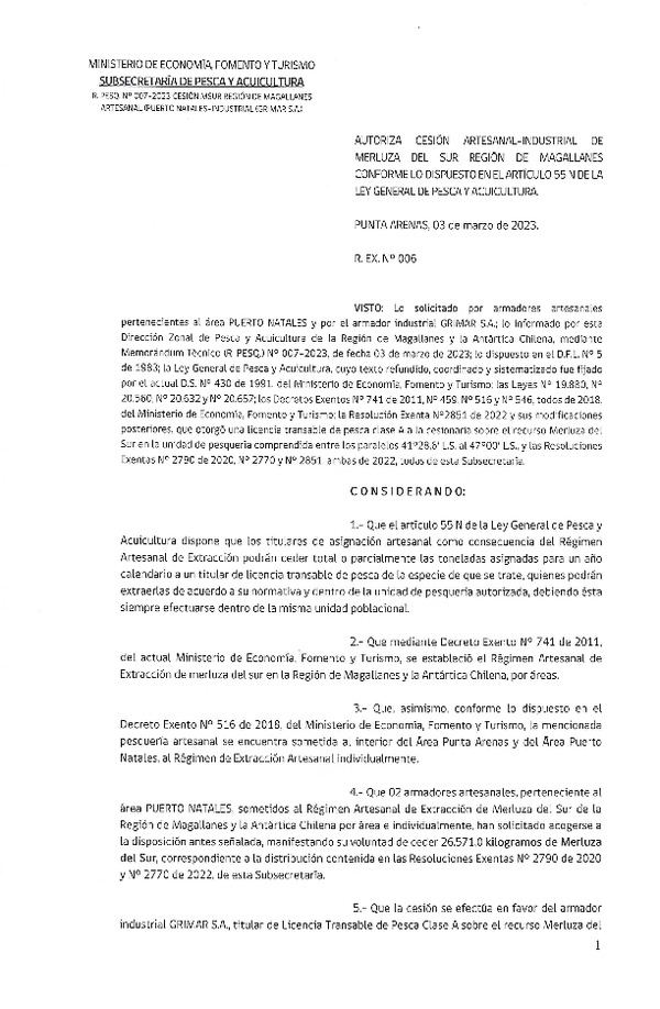 Res. Ex. N° 006-2023 (DZP Región de Magallanes) Autoriza cesión Merluza del Sur. (Publicado en Página Web 06-03-2023)