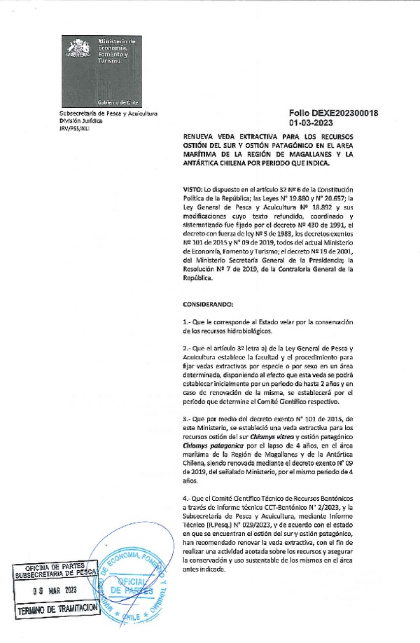 Dec. Ex. Folio N° 202300018 Renueva Veda Extractiva Recurso Ostión del Sur y Ostión Patagónico En la Región de Magallanes y La Antártica Chilena. (Publicado en Página Web 06-03-2023)