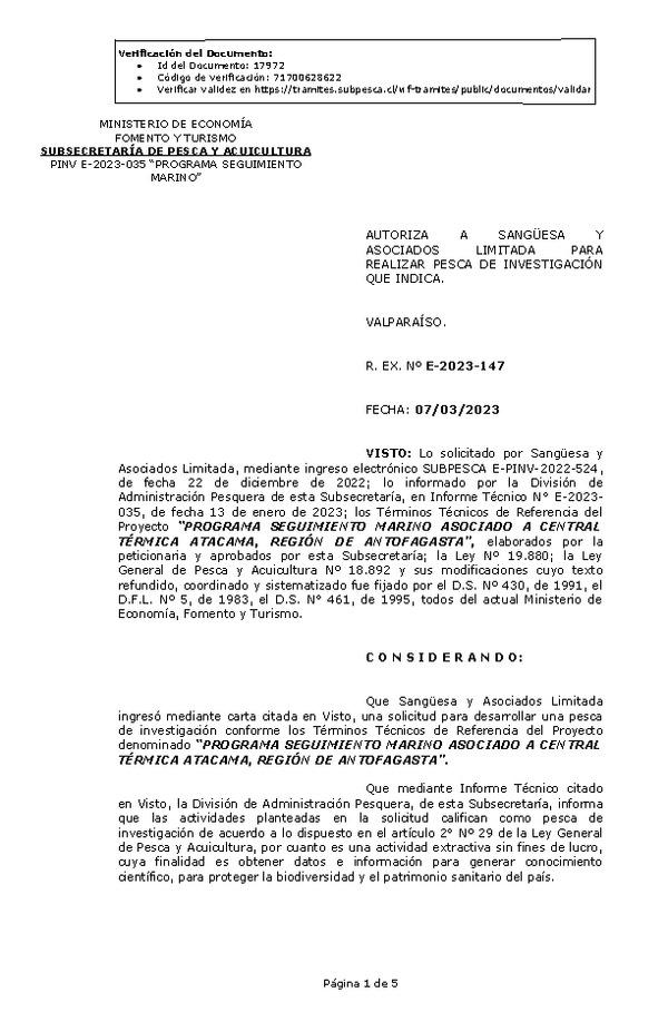 R. EX. Nº E-2023-147 AUTORIZA A SANGÜESA Y ASOCIADOS LIMITADA PARA REALIZAR PESCA DE INVESTIGACIÓN QUE INDICA. (Publicado en Pagina Web 07-03-2023)