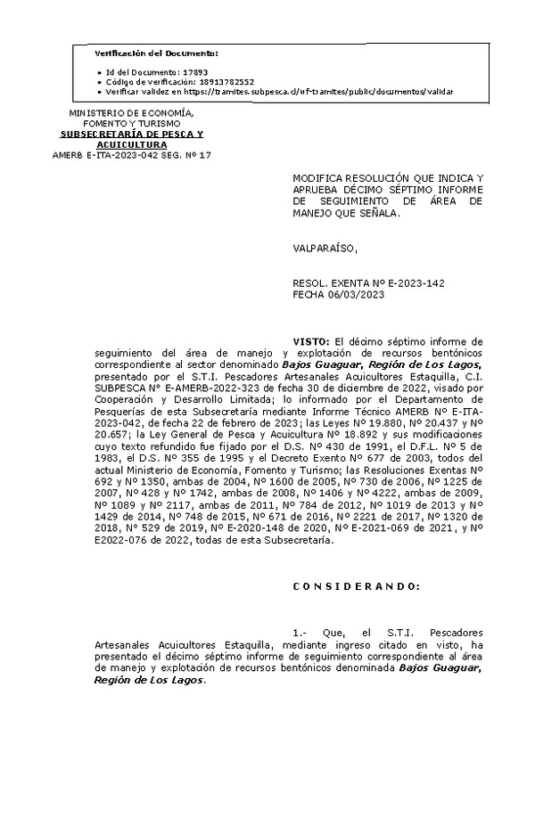 Res. Ex. N° E-2022-142 Modifica Resolución que Indica y Aprueba 17° Informe de Seguimiento. (Publicado en Página Web 07-03-2023)