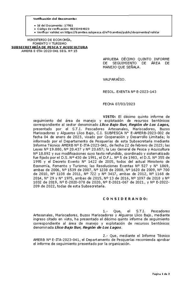 Res. Ex. N° E-2023-143 Aprueba 15°Informe de Seguimiento. (Publicado en Página Web 07-03-2023)