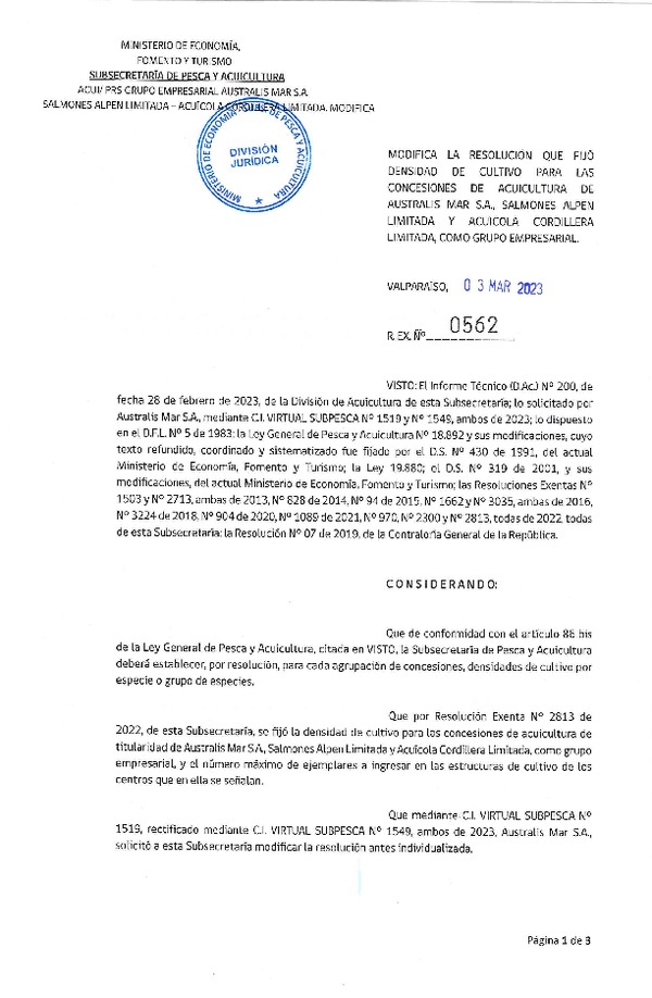 Res. Ex. N° 0562-2023 Modifica Res. Ex. N° 2813-2022 Fija densidad de cultivo para las concesiones de acuicultura de titularidad de Australis Mar S.A., Salmones Alpen Limitada y Acuícola Cordillera Limitada, Aprueba programa de manejo que indica. (Con Informe Técnico) (Publicado en Página Web 07-03-2023)