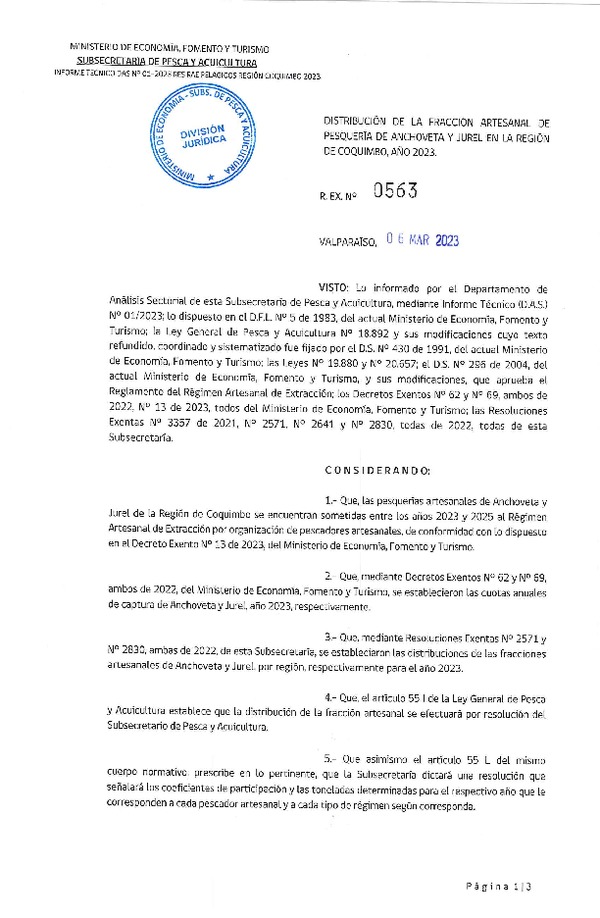 Res. Ex. N° 0563-2023 Distribución de la Fracción Artesanal de Pesquería de Anchoveta y Jurel, Región de Coquimbo, Año 2023. (Publicado en Página Web 07-03-2023)