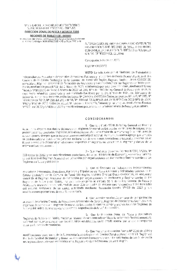 Res. Ex. N° 016-2023 (DZP Ñuble y del Biobío) Autoriza cesión Sardina común y Anchoveta. (Publicado en Página Web 07-03-2023)