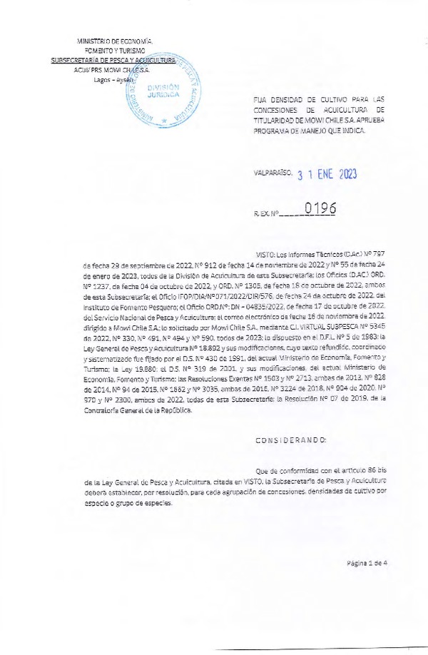 Res. Ex. N°0196-2023 Fija densidad de cultivo para las concesiones de Acuicultura de titularidad de Mowi Chile S.A., Aprueba programa de manejo que indica. (Con Informe Técnico) (Publicado en Página Web 08-03-2023)