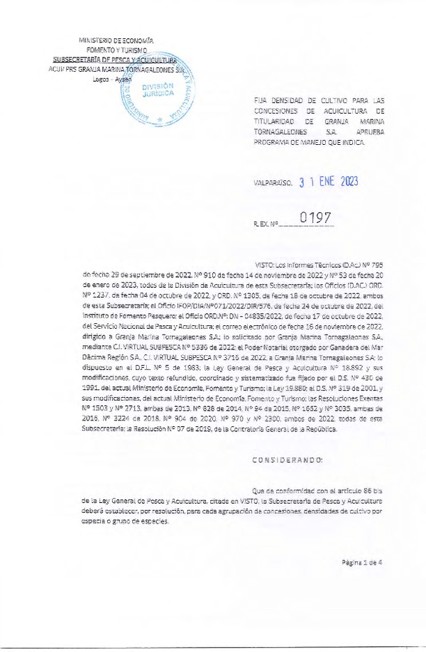 Res. Ex. N°0197-2023 Fija densidad de cultivo para las concesiones de Acuicultura de titularidad de Granja Marina Tornagaleones S.A., Aprueba programa de manejo que indica. (Con Informe Técnico)(Publicado en Página Web 08-03-2023)