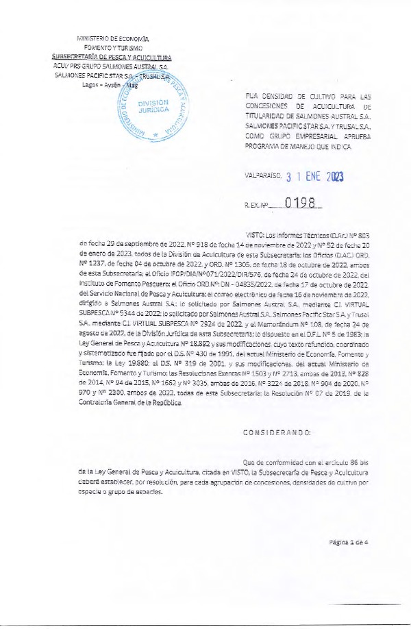 Res. Ex. N°0198-2023 Fija densidad de cultivo para las concesiones de Acuicultura de Salmones Austral S.A. Salmones Pacific Star S.A. y Trusal S.A., Aprueba programa de manejo que indica. (Con Informe Técnico)(Publicado en Página Web 08-03-2023)