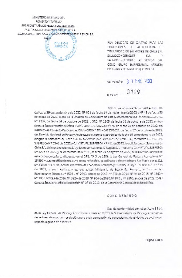 Res. Ex. N°0199-2023 Fija densidad de cultivo para las concesiones de Acuicultura de Salmones de Chile S.A., Salmoconcesiones S.A. y Saloconcesiones XI Región S.A. como grupo Empresarial, Aprueba programa de manejo que indica. (Con Informe Técnico)(Publicado en Página Web 08-03-2023)