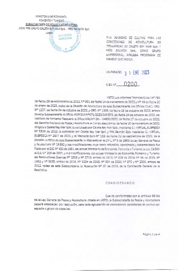 Res. Ex. N°0200-2023 Fija densidad de cultivo para las concesiones de Acuicultura de Titularidad de Caleta Bay Mar SpA.y Frío Salmón SpA, como grupo Empresarial, Aprueba programa de manejo que indica. (Con Informe Técnico)(Publicado en Página Web 08-03-2023)