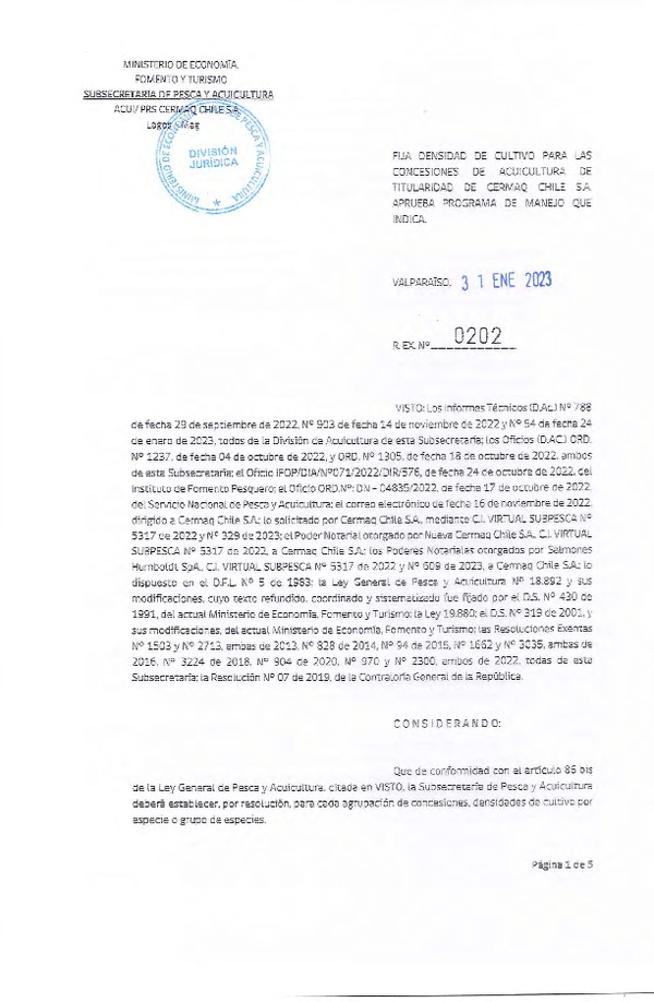 Res. Ex. N°0202-2023 Fija densidad de cultivo para las concesiones de Acuicultura de Titularidad de Cermaq Chile S.A., Aprueba programa de manejo que indica. (Publicado en Página Web 08-03-2023)
