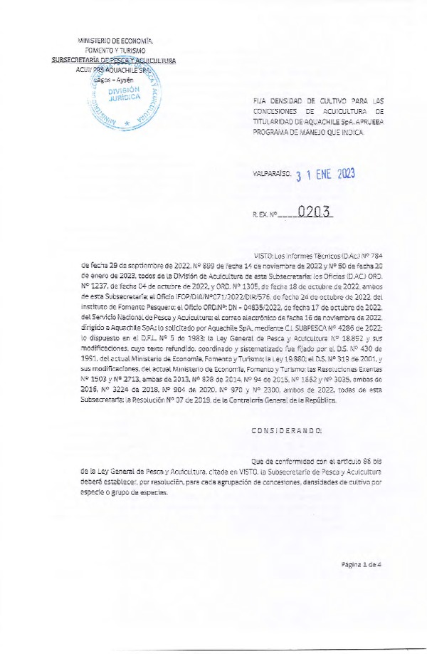 cRes. Ex. N°0203-2023 Fija densidad de cultivo para las concesiones de Acuicultura de Titularidad de Aquachile SpA., Aprueba programa de manejo que indica. (Publicado en Página Web 08-03-2023)