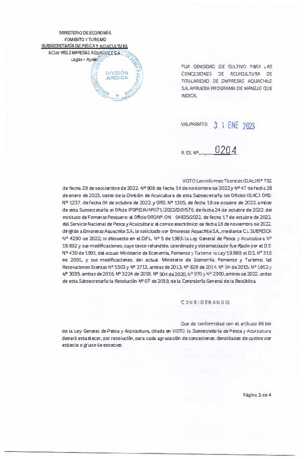 Res. Ex. N°0204-2023 Fija densidad de cultivo para las concesiones de Acuicultura de Titularidad de Empresas Aquachile S.A., Aprueba programa de manejo que indica. (Publicado en Página Web 08-03-2023)