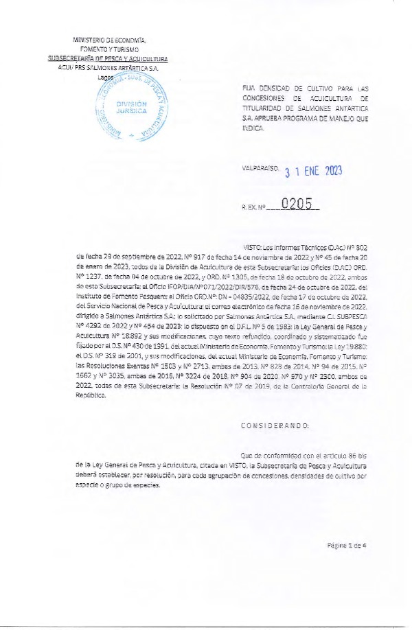 Res. Ex. N°0205-2023 Fija densidad de cultivo para las concesiones de Acuicultura de Titularidad de Salmones Antártica S.A., Aprueba programa de manejo que indica. (Publicado en Página Web 08-03-2023)