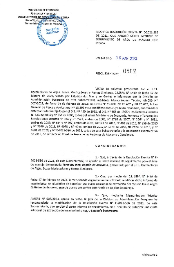 Res. Ex. N° 0582-2023 Modifica RESOL. EXENTA Nº E-2021-586 Modifica resolución que indica, Aprueba 6° Seguiiento. (Publicado en Página Web 08-03-2023)