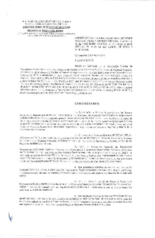 Res. Ex. N° 019-2023 (DZP Ñuble y del Biobío) Autoriza cesión Sardina común y Anchoveta. (Publicado en Página Web 09-03-2023)