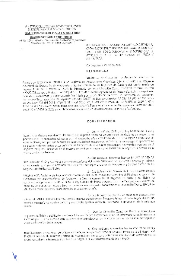 Res. Ex. N° 020-2023 (DZP Ñuble y del Biobío) Autoriza cesión Sardina común y Anchoveta. (Publicado en Página Web 09-03-2023)