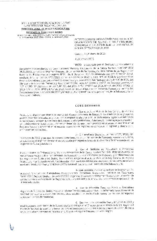Res. Ex. N° 021-2023 (DZP Ñuble y del Biobío) Autoriza cesión Sardina común y Anchoveta. (Publicado en Página Web 09-03-2023)