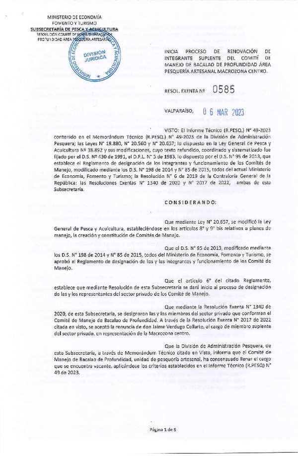 Res. Ex. N° 0585-2023 Inicia Proceso de Renovación de Integrante Suplente del Comité de Manejo de Bacalao de Profundidad, Área Pesquería Artesanal Macrozona Centro. (Publicado en Página Web 09-03-2023).