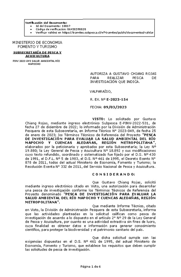 Res. Ex. N° 0154-2023 AUTORIZA A GUSTAVO CHIANG ROJAS PARA REALIZAR PESCA DE INVESTIGACIÓN QUE INDICA. (Publicado en Página Web 09-03-2023)