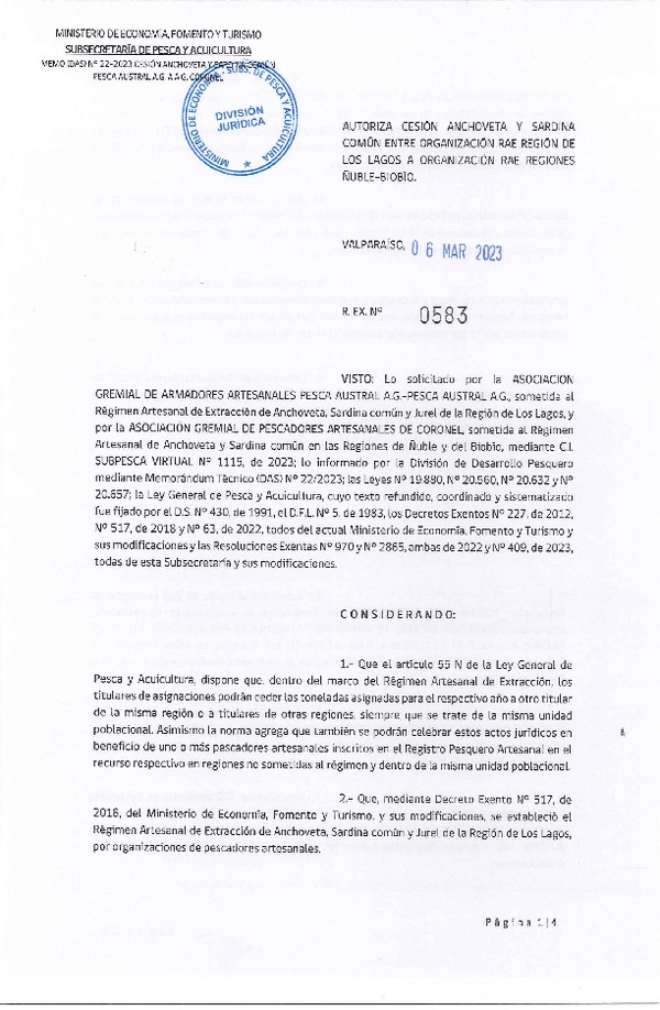 Res. Ex N° 0583-2023, Autoriza Cesión Anchoveta y Sardina Común, de Región de Los Lagos a Región del Ñuble-Bíobío. (Publicado en Página Web 09-03-2023).