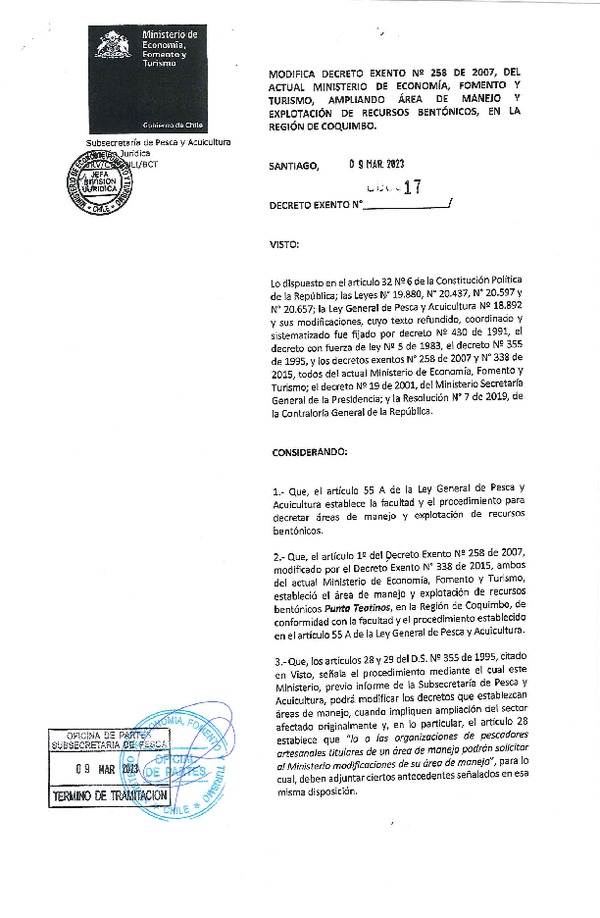Dec. Ex. N° 17-2023 Modifica Dec. Ex. N° 258-2007, Ampliando Área de Manejo y Explotación de Recursos Bentónicos, en la Región de Coquimbo. (Publicado en Página Web  09-03-2023)