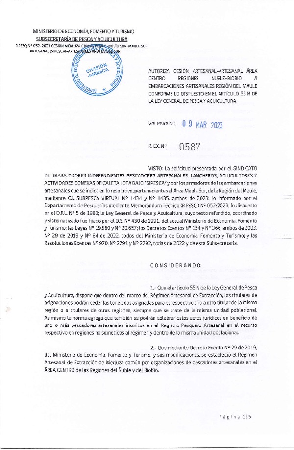 Res. Ex. N° 0587-2023 Autoriza Cesión de Merluza común, Región del Ñuble-Biobío a Región del Maule. (Publicado en Página Web 09-03-2023)