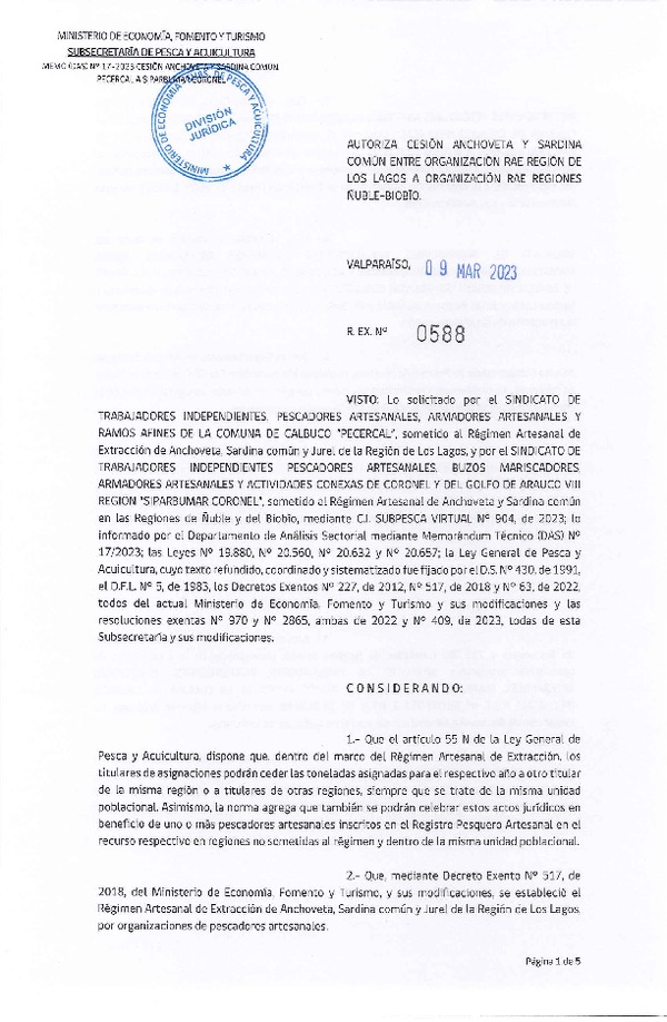 Res. Ex. N° 0588-2023 Autoriza Cesión de Anchoveta y Sardina común, Región de Los Lagos a Regiones de Ñuble-Biobío. (Publicado en Página Web 09-03-2023)