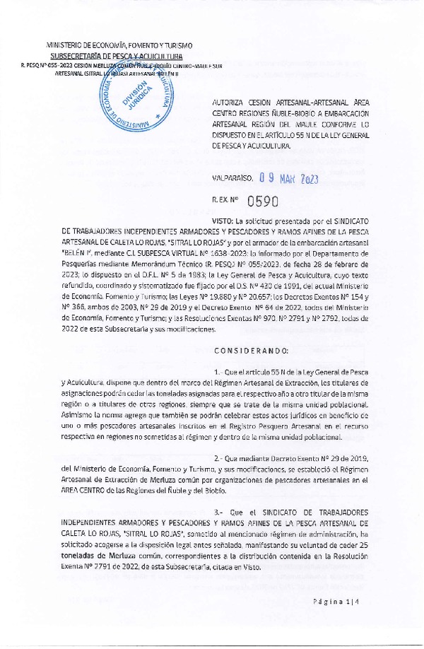 Res. Ex. N° 0590-2023 Autoriza Cesión de Merluza común, Región del Ñuble-Biobío a Región del Maule. (Publicado en Página Web 09-03-2023)