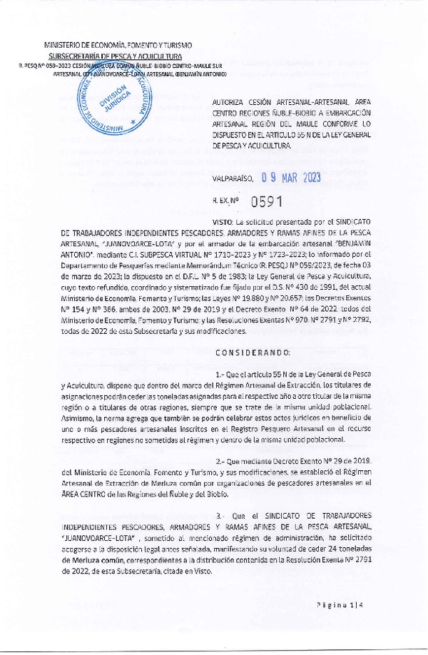 Res. Ex. N° 0591-2023 Autoriza Cesión de Merluza común, Región del Ñuble-Biobío a Región del Maule. (Publicado en Página Web 09-03-2023)