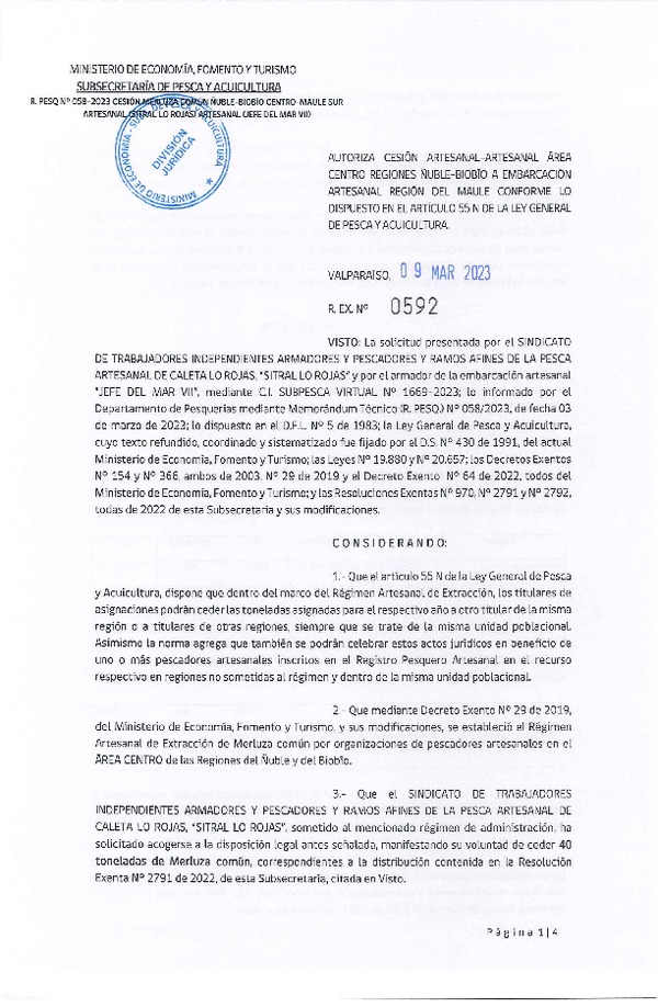 Res. Ex. N° 0592-2023 Autoriza Cesión de Merluza común, Región del Ñuble-Biobío a Región del Maule. (Publicado en Página Web 09-03-2023)