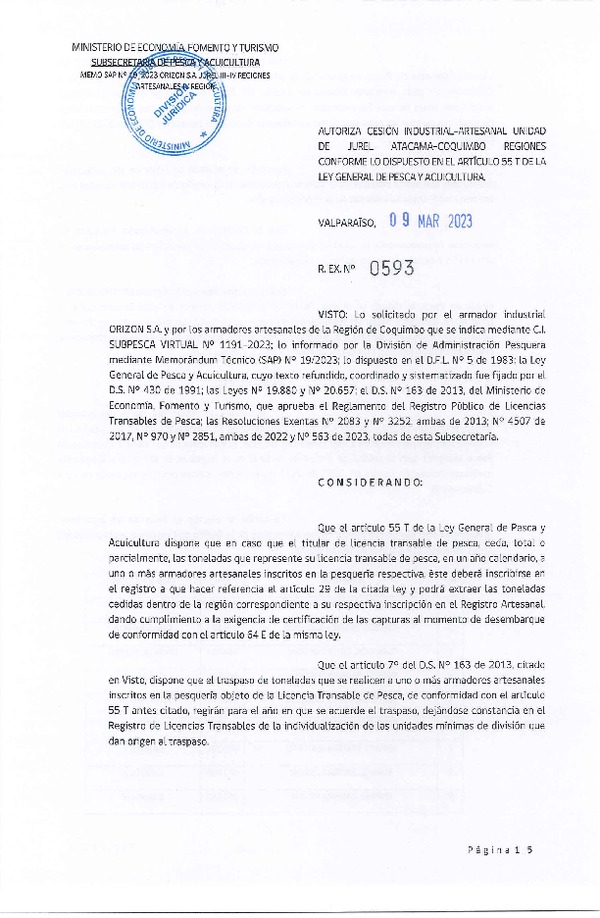 Res. Ex. N° 0593-2023, Autoriza Cesión de Jurel Regiones de Atacama a Coquimbo. (Publicado en Página Web 09-03-2023).