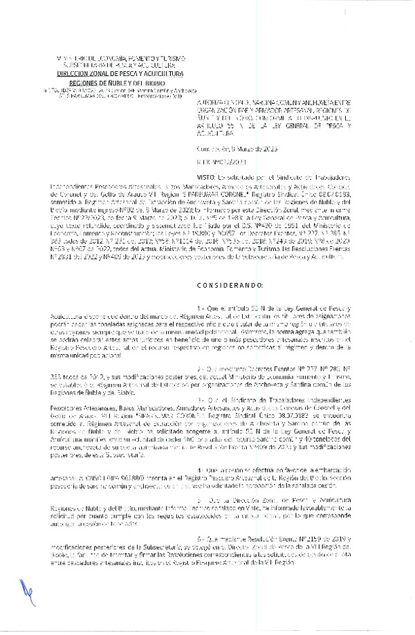 Res. Ex. N° 022-2023 (DZP Ñuble y del Biobío) Autoriza cesión Sardina común y Anchoveta. (Publicado en Página Web 09-03-2023)