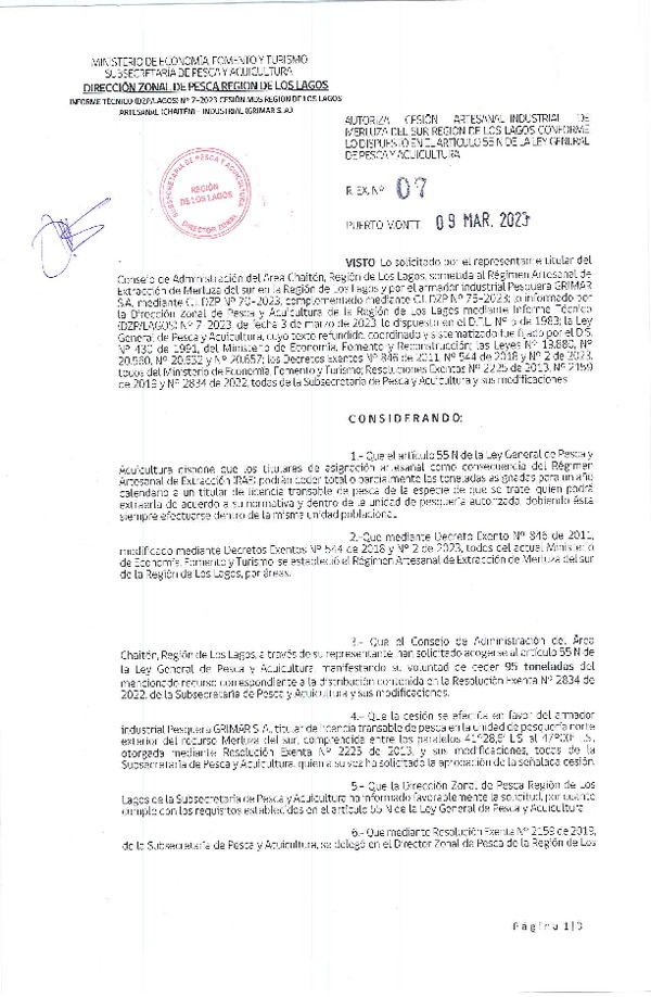 Res. Ex. N° 07-2023 (DZP Región de Los Lagos) Autoriza cesión Merluza del Sur. (Publicado en Página Web 10-03-2023)