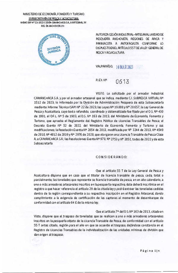 Res. Ex. N°0613-2023 Autoriza cesión Anchoveta, Regiones de Arica y Parinacota a Antofagasta. (Publicado en Página Web 10-03-2023)