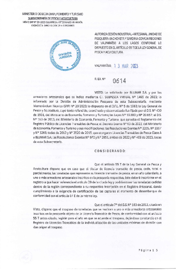 Res. Ex N° 0614-2023, Autoriza Cesión Anchoveta y Sardina Común Regiones de Valparaíso de Los Lagos. (Publicado en Página Web 13-03-2023)