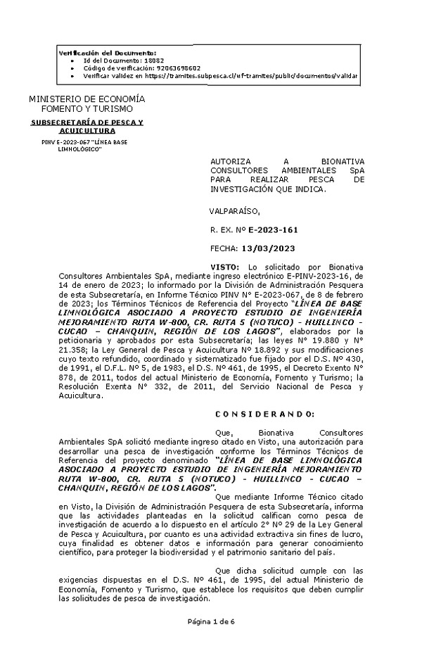 Res. Ex. N° 0161-2023 AUTORIZA A BIONATIVA CONSULTORES AMBIENTALES SpA PARA REALIZAR PESCA DE INVESTIGACIÓN QUE INDICA. (Publicado en Página Web 13-03-2023)