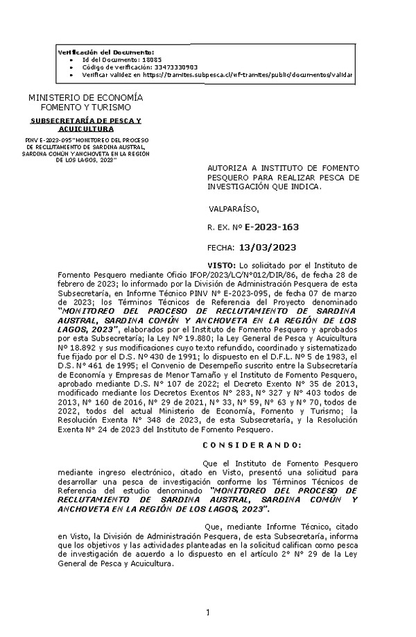 Res. Ex. N° 0163-2023 AUTORIZA A INSTITUTO DE FOMENTO PESQUERO PARA REALIZAR PESCA DE INVESTIGACIÓN QUE INDICA. (Publicado en Página Web 13-03-2023)