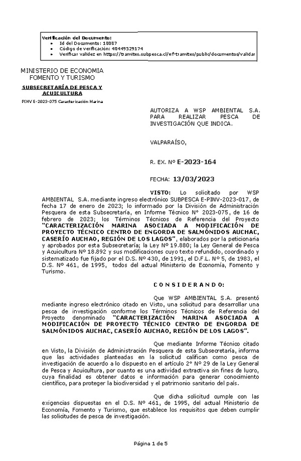 Res. Ex. N° 0164-2023 AUTORIZA A WSP AMBIENTAL S.A. PARA REALIZAR PESCA DE INVESTIGACIÓN QUE INDICA. (Publicado en Página Web 13-03-2023)