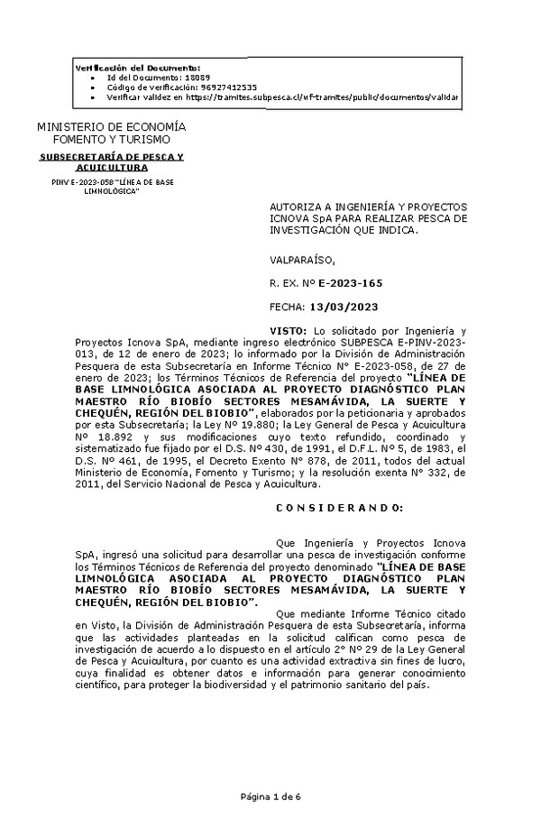 Res. Ex. N° 0165-2023 AUTORIZA A INGENIERÍA Y PROYECTOS ICNOVA SpA PARA REALIZAR PESCA DE INVESTIGACIÓN QUE INDICA. (Publicado en Página Web 13-03-2023)