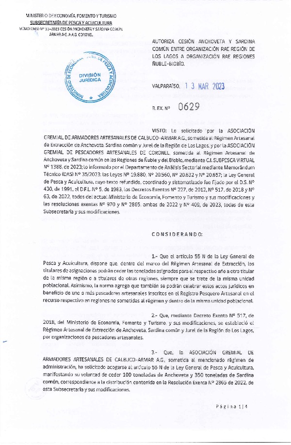 Res. Ex. N° 0629-2023 Autoriza Cesión de Anchoveta y Sardina común, Región de Los Lagos a Regiones de Ñuble-Biobío. (Publicado en Página Web 14-03-2023)