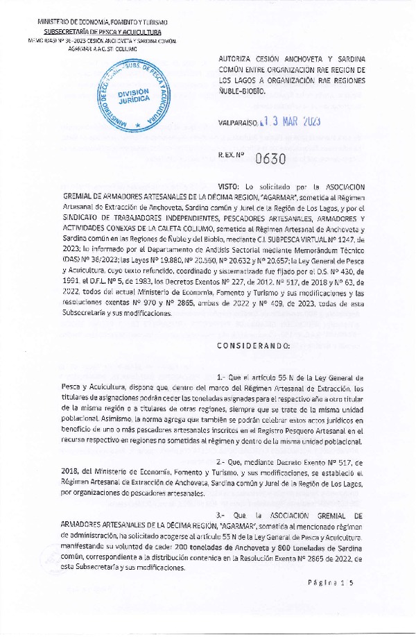 Res. Ex. N° 0630-2023 Autoriza Cesión de Anchoveta y Sardina común, Región de Los Lagos a Regiones de Ñuble-Biobío. (Publicado en Página Web 14-03-2023)