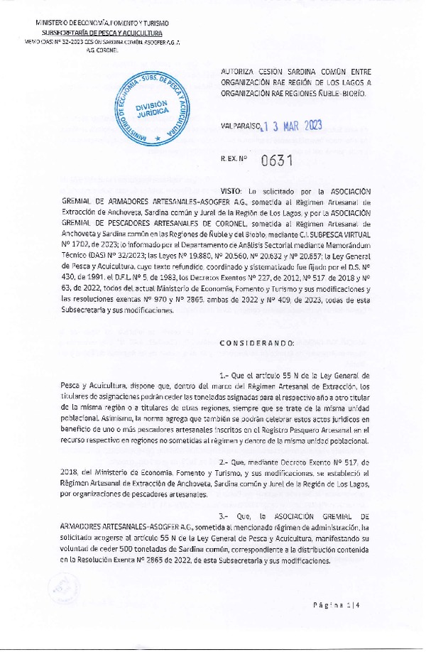 Res. Ex. N° 0631-2023 Autoriza Cesión de Anchoveta y Sardina común, Región de Los Lagos a Regiones de Ñuble-Biobío. (Publicado en Página Web 14-03-2023)