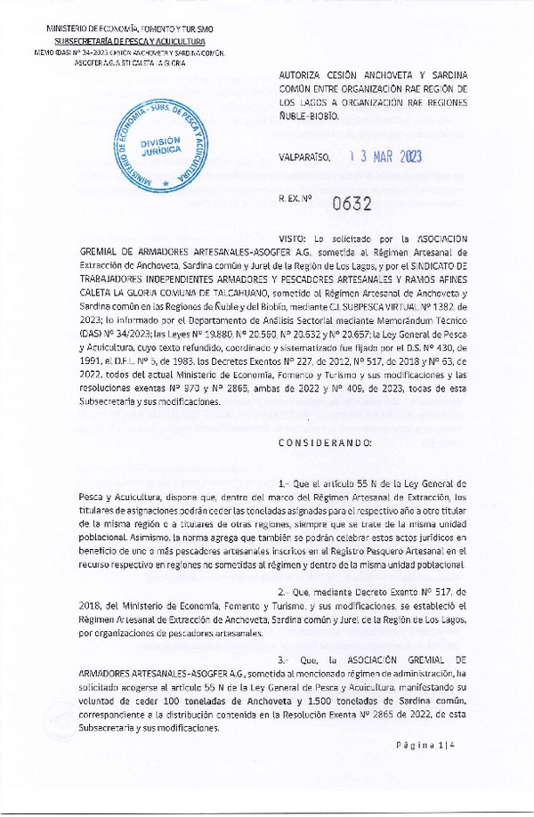 Res. Ex. N° 0632-2023 Autoriza Cesión de Anchoveta y Sardina común, Región de Los Lagos a Regiones de Ñuble-Biobío. (Publicado en Página Web 14-03-2023)